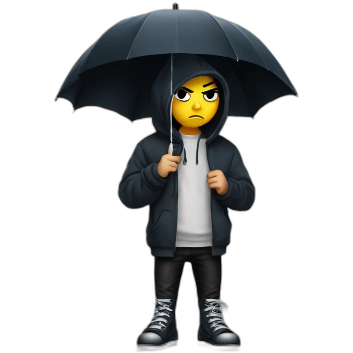 Angry emo kid in hoodie with umbrella in rich owens shoes emoji