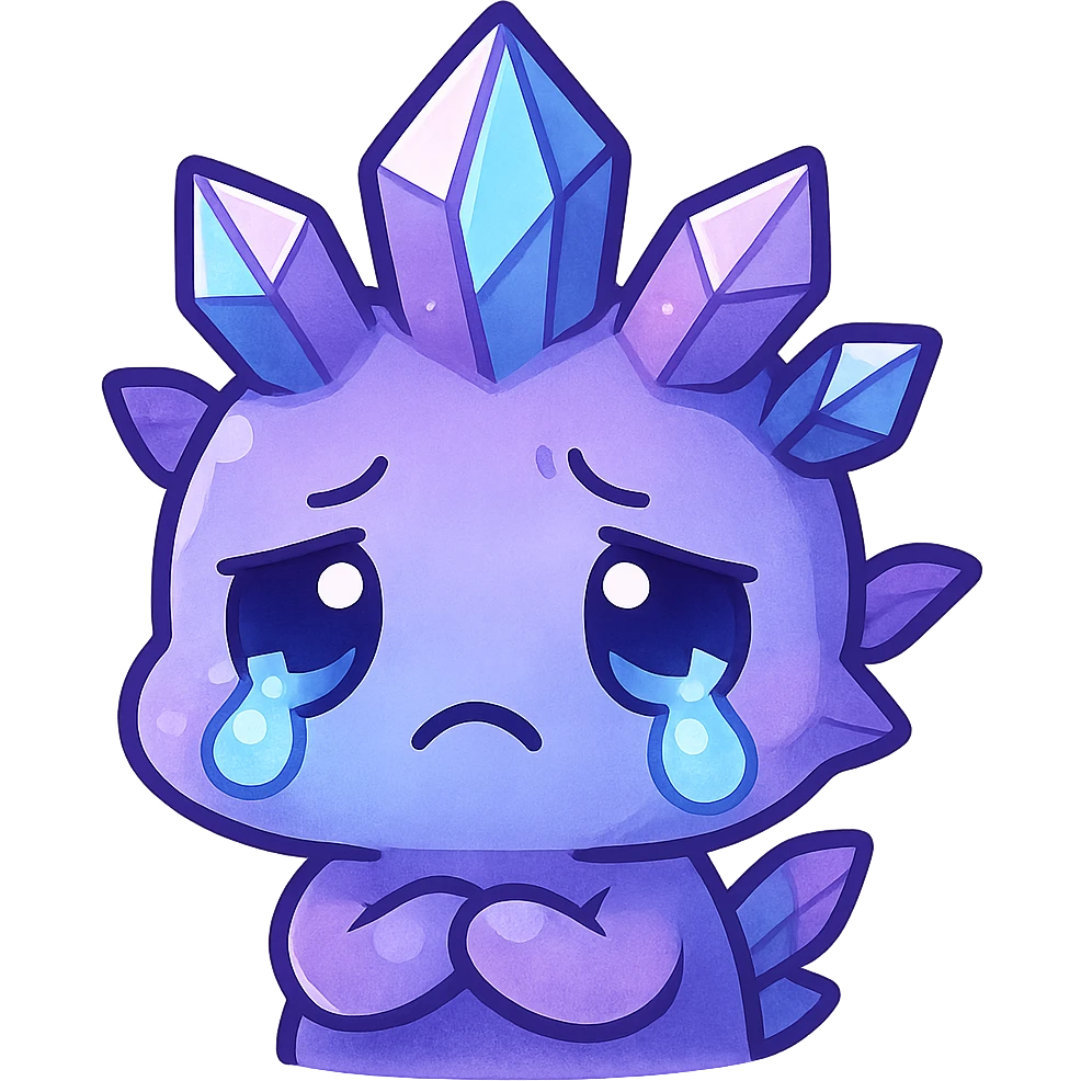 chibi kawaii style emote of a crystal sprite creature, colors purple blue and pink, sad expression emoji