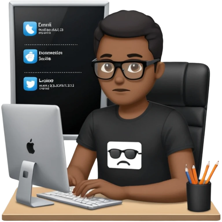 Un homme développeur de teint noir, assis à un bureau moderne avec un ordinateur portable allumé devant lui, écran affichant du code en exécution. Il porte une tenue casual (t-shirt sombre ou chemise simple), lunettes élégantes optionnelles. Expression concentrée, lumière douce venant de l’écran.  emoji