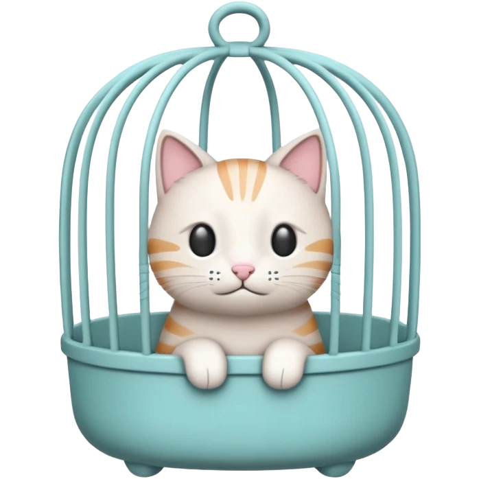 A cute emoji-style cat cage — rounded, cartoon look, clean outline, pastel colors. Vertical metal bars in front, small handle on top, and soft edges. Simple, minimal details, high contrast, with no cat inside emoji