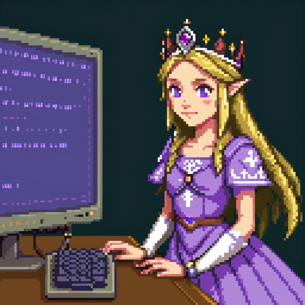 Princess Zelda wearing her crown and purple dress programming with code visible on computer screen emoji