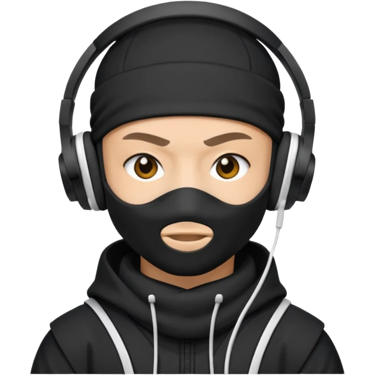 ninja, black fullface ninja with white headphone emoji