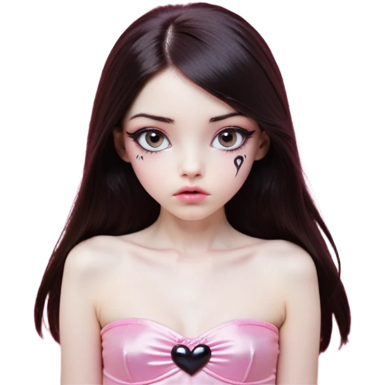 girl with white skin, dark brown long straight hair falling in front of her body, pouty shiny lips without cupid's bow, shiny large eyes with black eyeballs and long eyelashes, lighter button nose, very long oval-shaped face, wearing a pink bandeau top with straight neckline, looking directly at camera with hands down at sides emoji