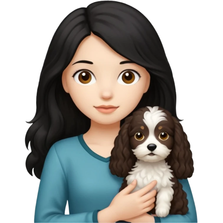 Make a girl with long black silky  hair holding a cockapoo emoji