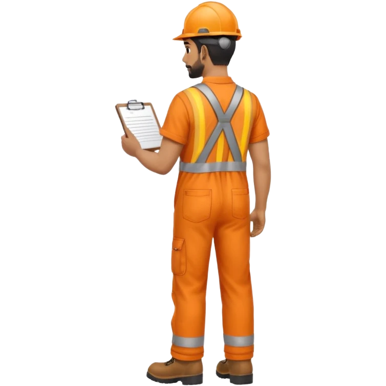 Indian male railway engineer orange overalls, boots holding a clipboard back view emoji