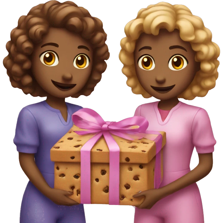 Two girls holding a pink box full of cookies emoji