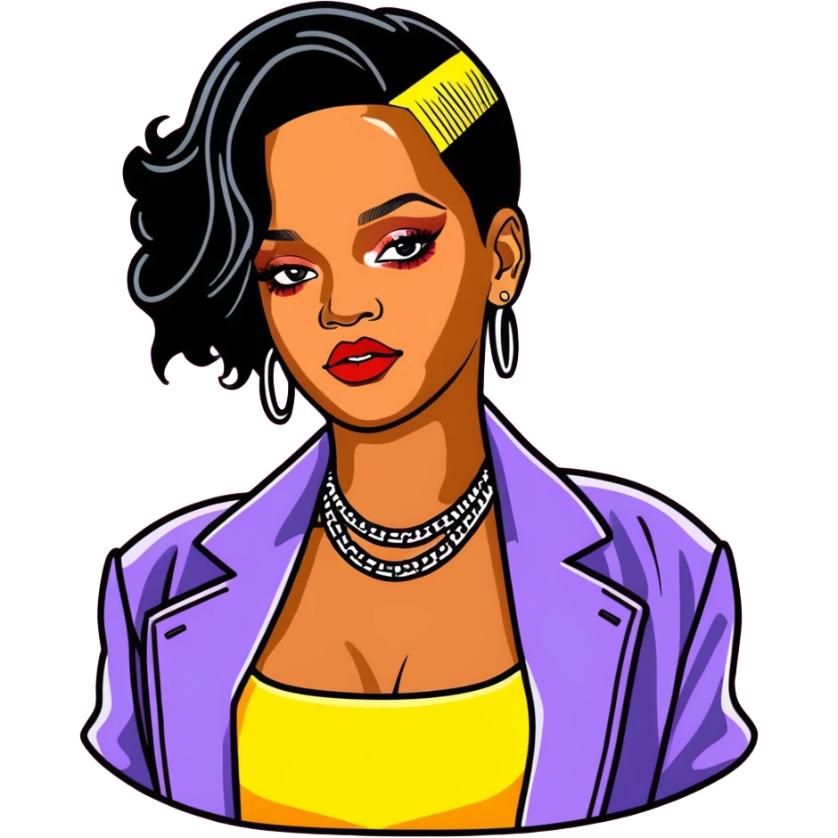 8k, 5000x5000px resolution, clean, smooth, thin lines, ultra detailed, hyperrealism, celebrity, best selling singer, and director of fenty, 2025, Rihanna. Glossy appearance, vivid, colors, no border lines emoji