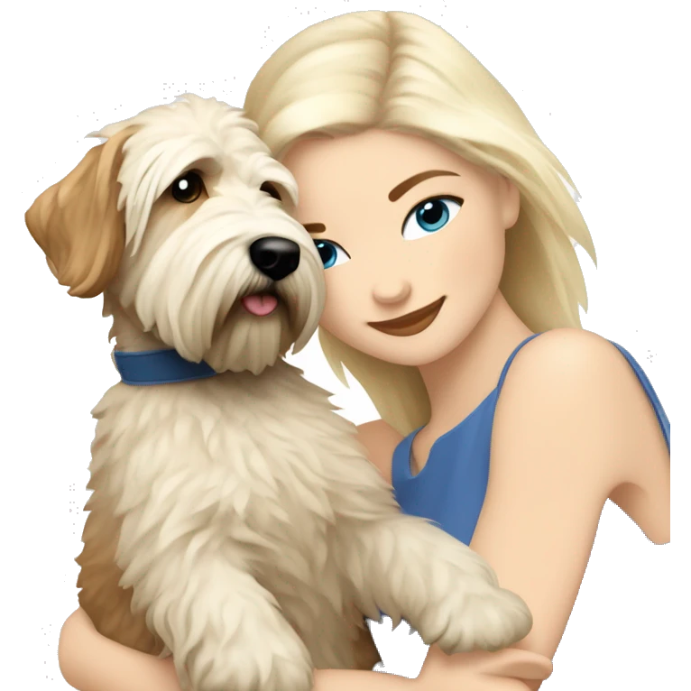 pretty woman blonde hair blue eyes hugging a white soft coated wheaten terrier dog emoji