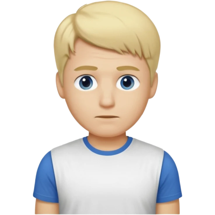 Crée l’emoji d’un homme blond , cheveux court mais un peu de cheveux sur le dessus , yeux bleus , nez avec une bosse, grain de beauté dans le cou. TEE shirt blanc  emoji