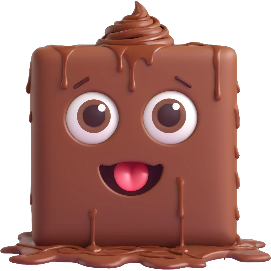 Rectangular chocolate mini pastry, slightly messy and squished, chocolate dripping, big round eyes, wide open mouth, playful surprised expression, text above: "ПАСТИЧКА", chibi style, Twitch emoji style, transparent background, colorful

 emoji