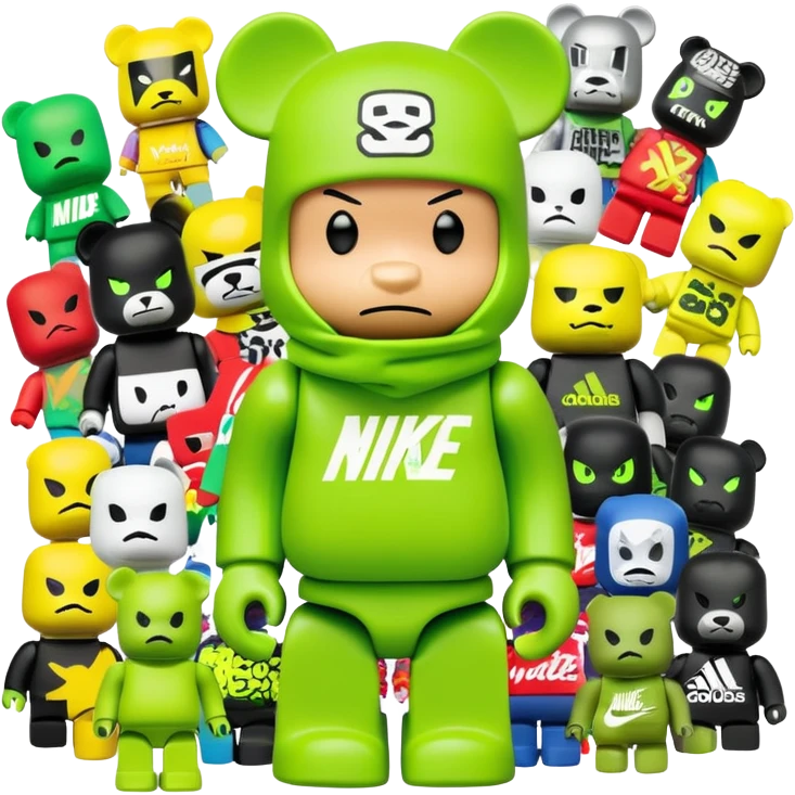 bearbrick toy with cubic head wearing a lime green balaclava covered in multiple street brand logos like Supreme, Nike, Adidas, Off-White in graffiti style, chaotic and adventurous logo placement, expressive eyebrows emoji