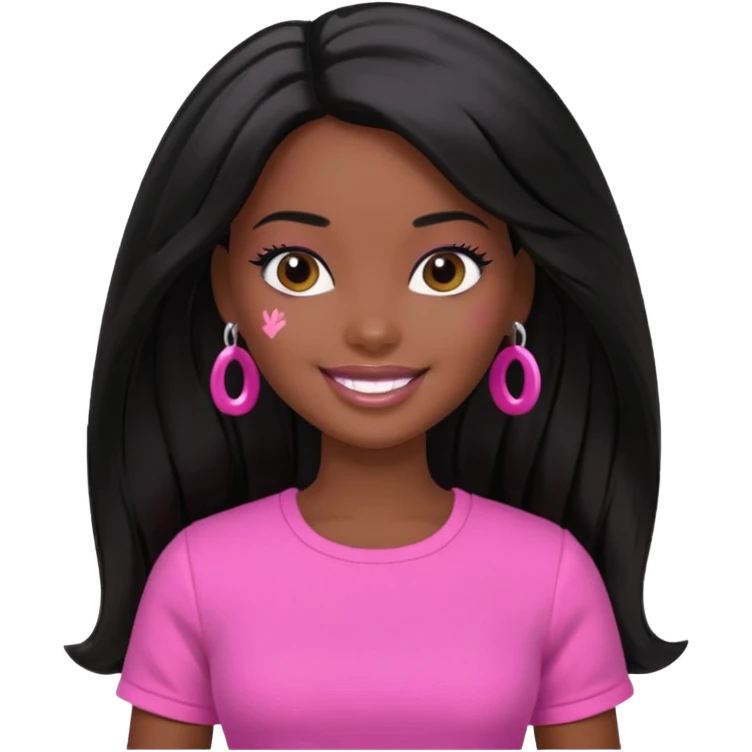 Make skin Darker skin Black barbie, long black  hair, pink  shirt  emoji