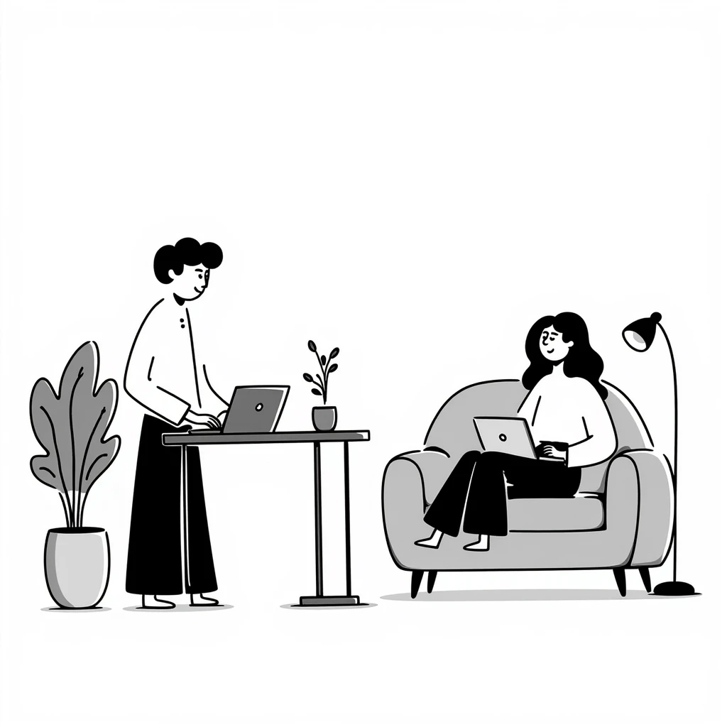 escenary 3d of a cozy mid-century living room with two people working on laptops, one man standing at a desk and one woman sitting on a couch, two walls and floor visible emoji