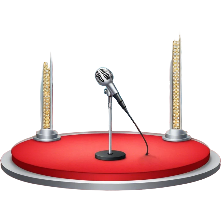 Create a glamorous and vibrant emoji that represents pop or stage vocal performance. The design should feature an empty stage with concert lighting. Include elements like an iconic stage microphone with a sparkling, rhinestone-studded microphone stand, set on a red carpet, a celebratory firework display in the background and a ribbon of musical notes flowing around the scene to symbolize the performance's energy. Use bright colors like gold, red, and silver to emphasize the excitement and glitz of the pop vocal world. The background should be transparent. emoji