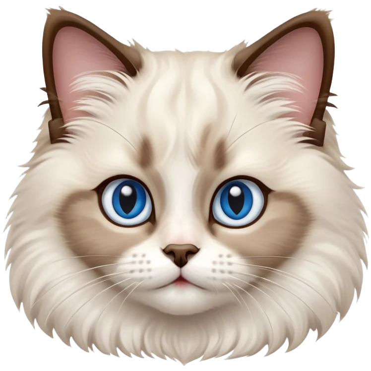 cinematic-adorable-big-eyed-fluffy-ragdoll-cat-portrait-emoji,-head-tilted-playfully-with-a-sweet-expression,-fluffy-white and brown-fur,-simplified-yet-irresistibly-cute-features-with-large,-expression, blue eyed ragdoll cat emoji
