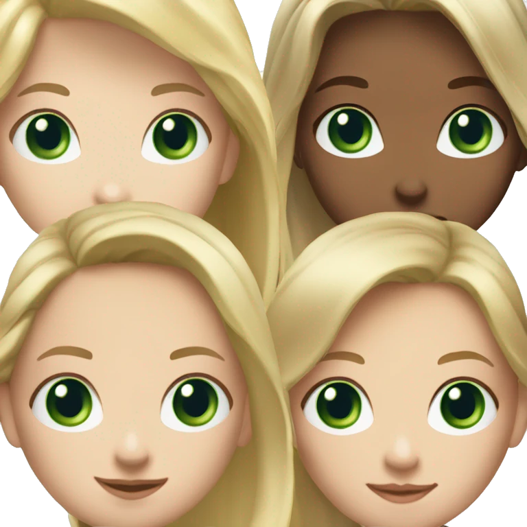 3 girlsone with long blonde hair, one with short blonde hair, one with short brown hair. Blueish green eyes for all emoji