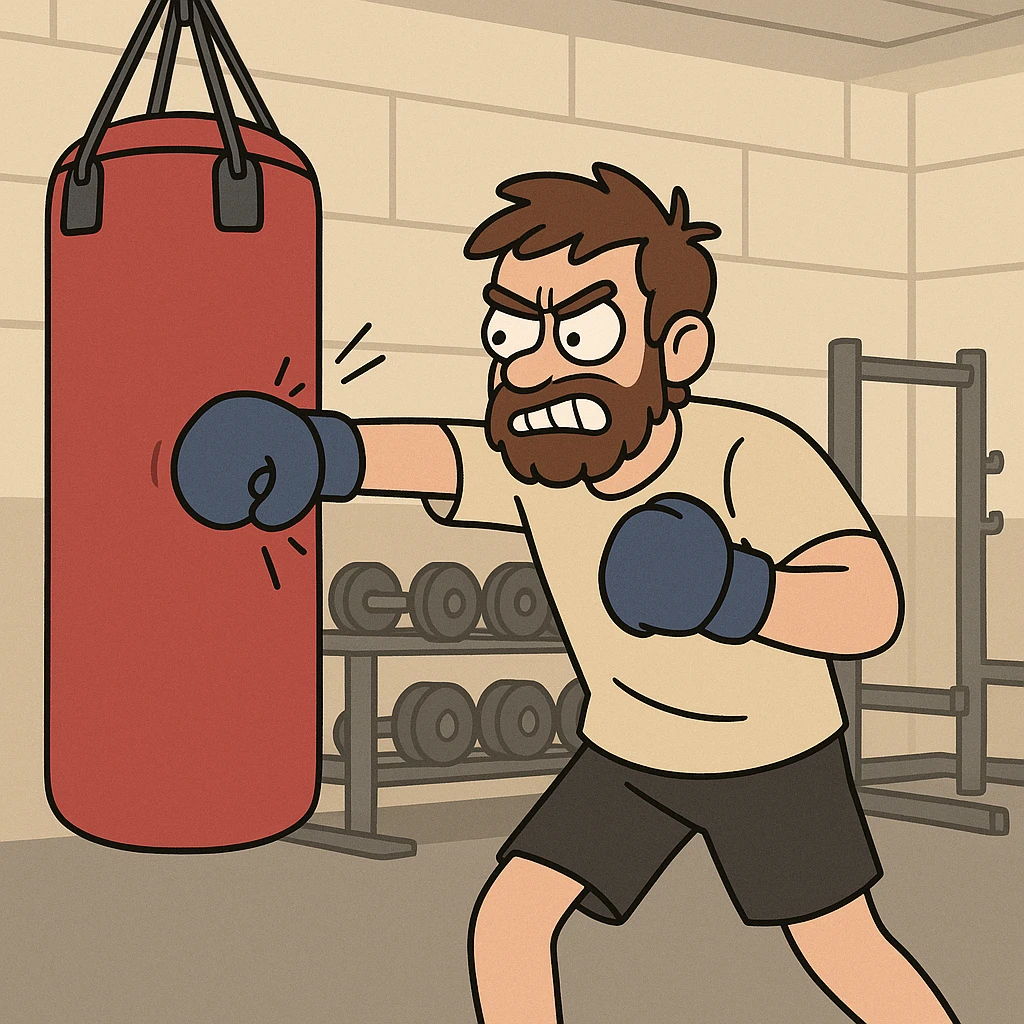 Hit a punching bag – to punch a padded bag for exercise or stress relief.
He went to the gym to hit a punching bag and blow off steam. Background Gym
 emoji