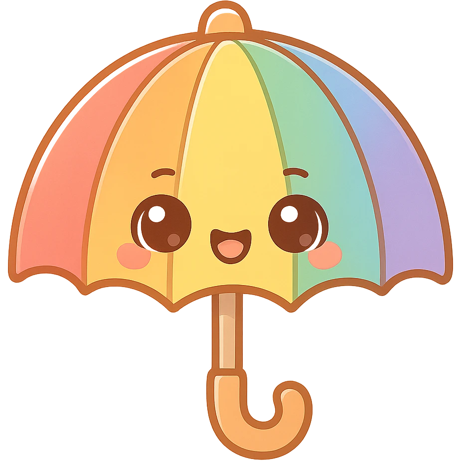 chibi sticker-style rainbow umbrella, cute and exaggerated emoji