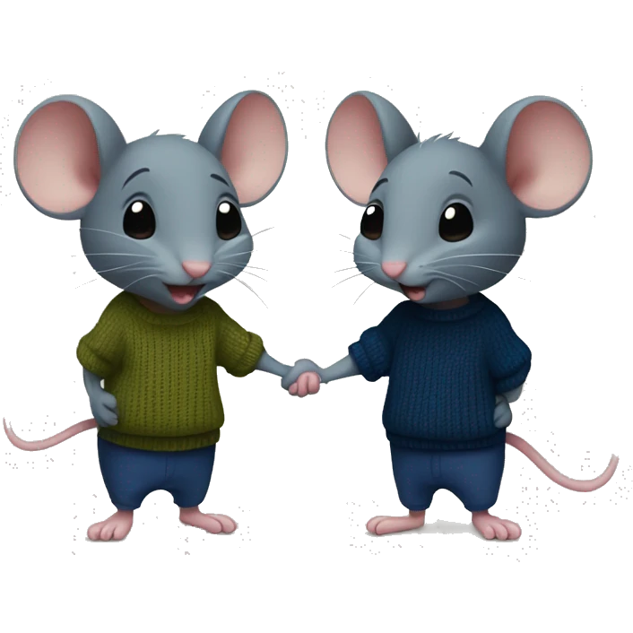 Two mice holding hands. one in a dark blue T-shirt, the other in an olive sweater emoji