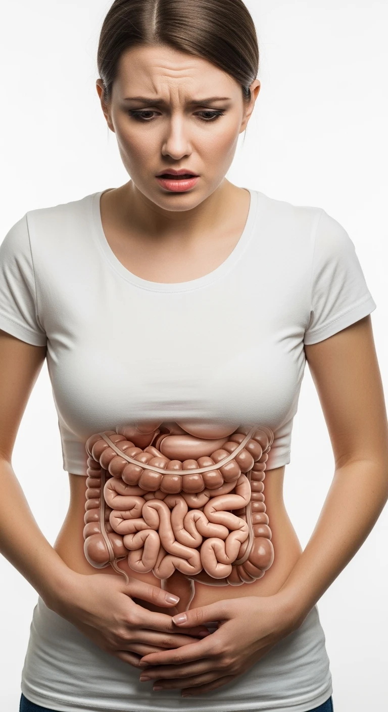 donna stressata con intestino umano anatomico in evidenza, iperrealistica 4k, sfondo bianco emoji