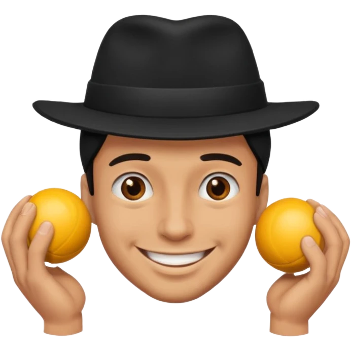 superstitious smiling man in black hat squeezing his balls emoji