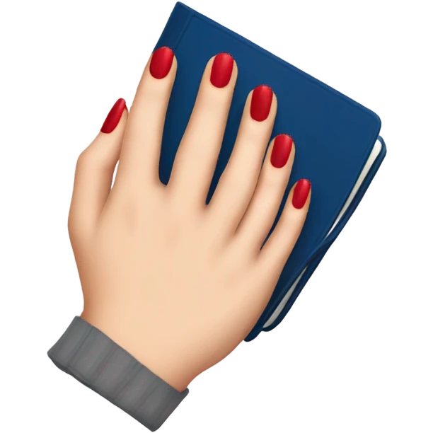 a hand with a red manicure lies on top of a dark blue diary emoji