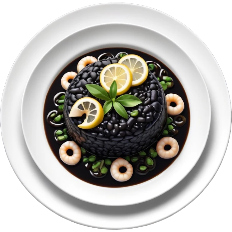 cinematic-realistic-black-risotto-dish-emoji,-showcasing-small squid pieces in black sauce -rendered-with-bold-textures-and-dynamic,-dramatic-lighting in a white plate with a grilled lemon on top emoji
