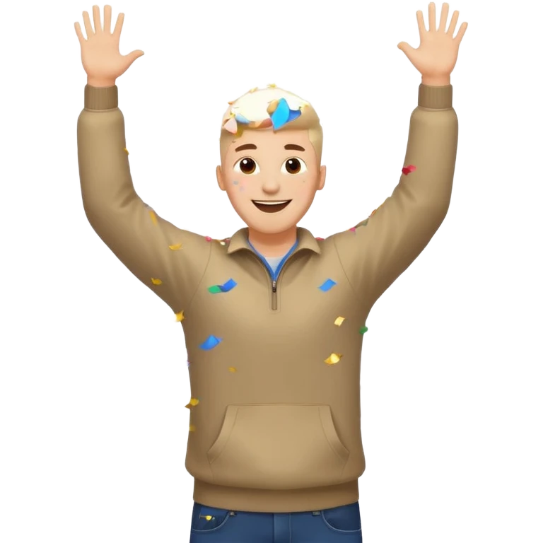 hombre sonriendo saltando con los brazos hacia arriba saltando, con explosivos, confites volando, emoji