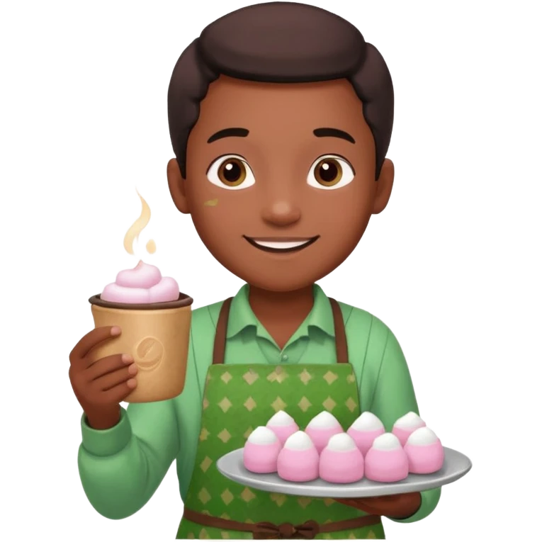 A young black vendor boy with pink cheeks, holding a tray of marshmallow-topped cocoa wearign green patterned apron emoji