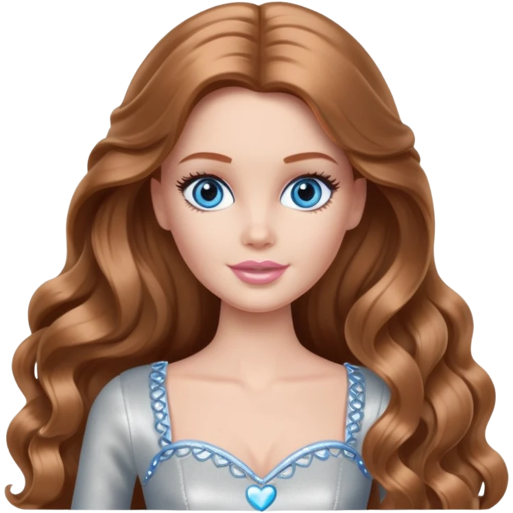 There are grey hearts all around Barbie girl Chestnut long wavy hair and blue eyes is In pale silver clothes emoji