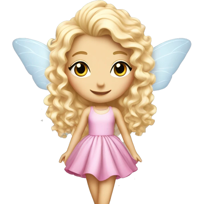 Fairy, a blonde hair with blue eyes and a pink dress with sparkly wings. White wings. The fairy has long, curly hair with a lot of volume emoji