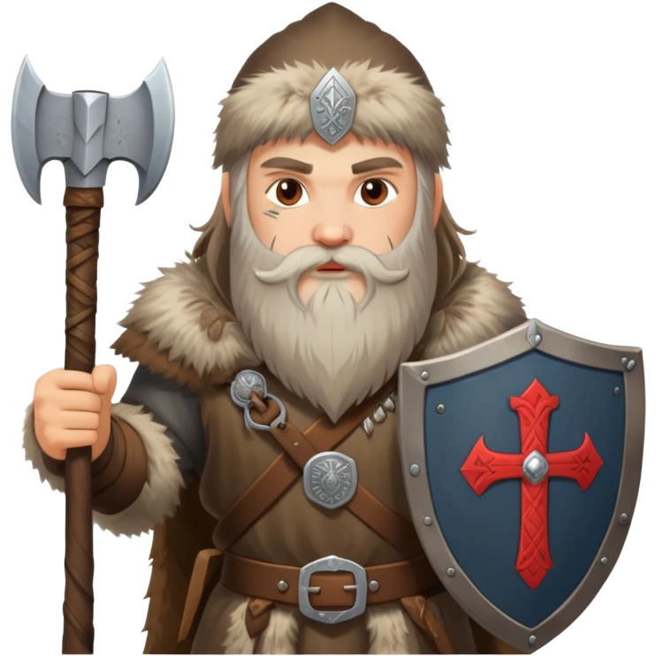 Russian pagan warrior with fur clothing, axe, shield with Slavic symbols, long beard emoji