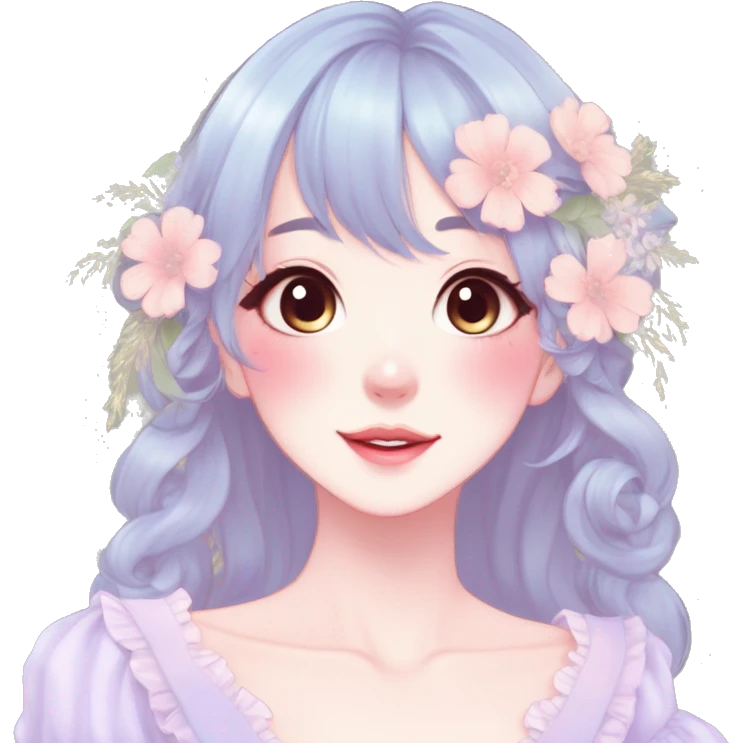 Gorgeous pastel anime style lady with blushing face and flowers cottagecore fairycore pastelcore colorful pearly romantic simplistic aesthetic trending style emoji