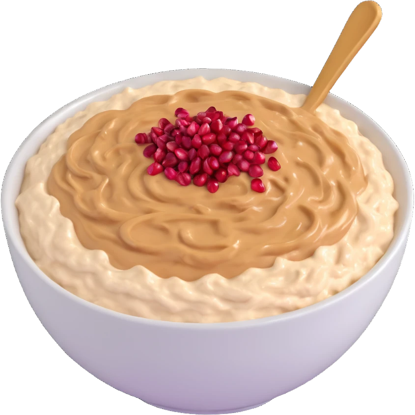 bowl of creamy oatmeal topped with swirls of peanut butter, shredded coconut, and ruby red pomegranate seeds emoji