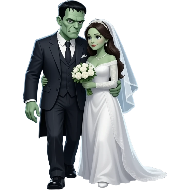 Frankenstein Monster embraces his monstrous bride while walking through a desolate night landscape emoji