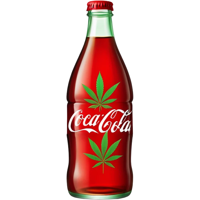 Curved Coca-Cola style glass bottle in red with a green cannabis leaf printed on it and labeled "red pop" emoji