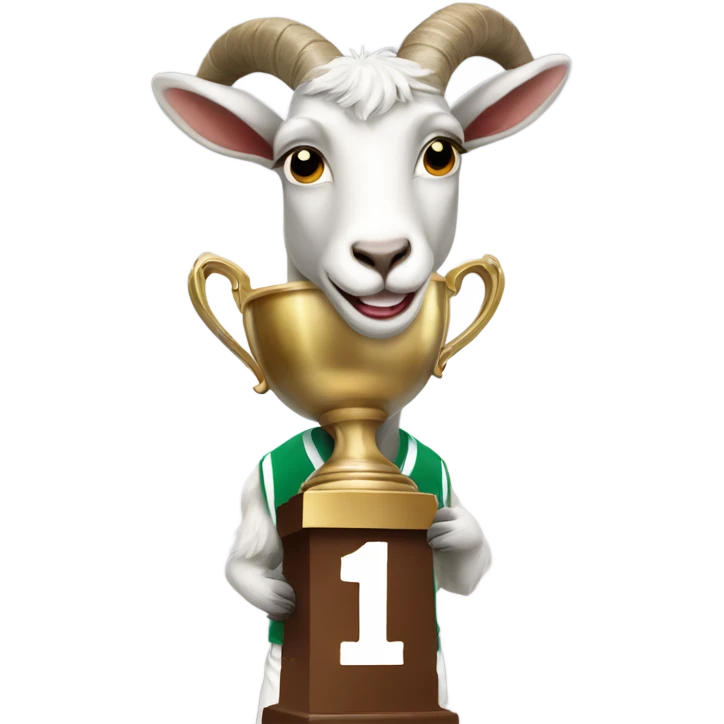 Goat wearing a football uniform and hoisting a trophy emoji