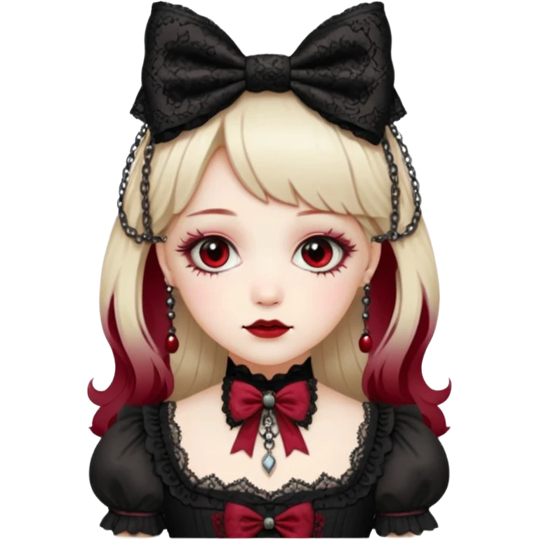 gothic lolita bow, ornate lace, black and crimson, delicate chains, Victorian influence emoji