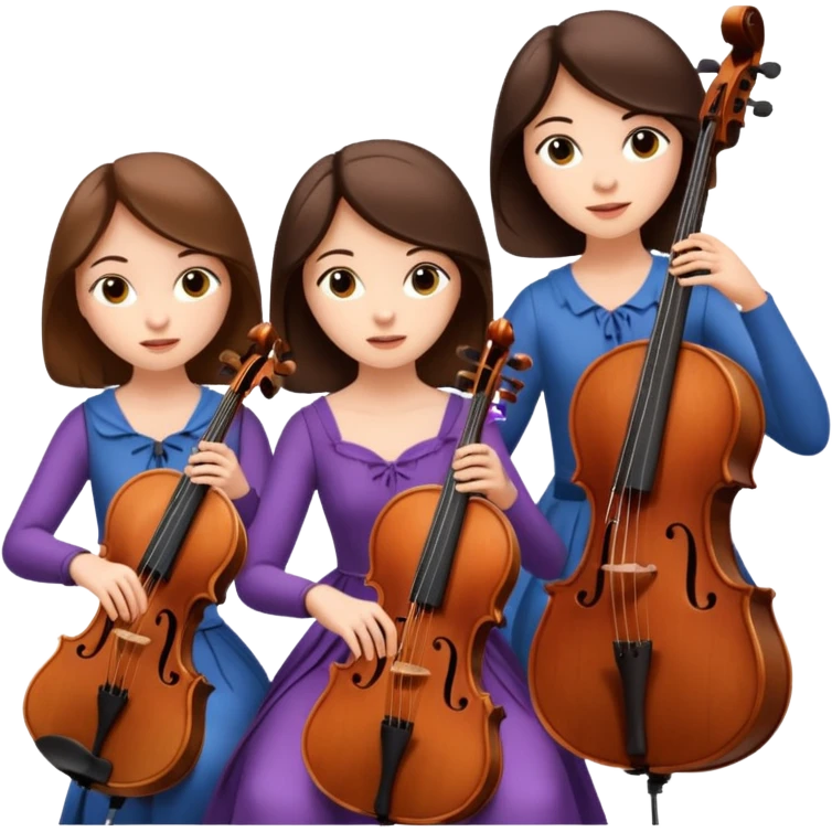 Create an imagine of three brunette women playing string instruments, the first is playing a cello, the second is playing a viola and the third is playing the violin emoji