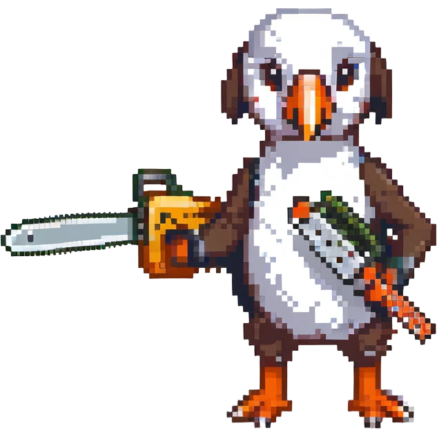 a puffin with a chainsaw, pixel art style emoji