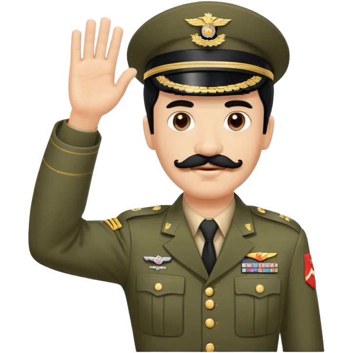 Man with a mustache and black hair in a military uniform waving emoji