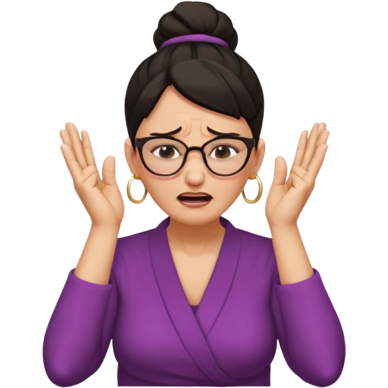  middle aged woman with dark hair pulled up in a high bun, wearing round ring earrings and glasses, expression extreme pain on her face, covering her ears with her hands very painful expression on her face, eyes squeezed shut, wincing in pain covering her ears with her hands emoji
