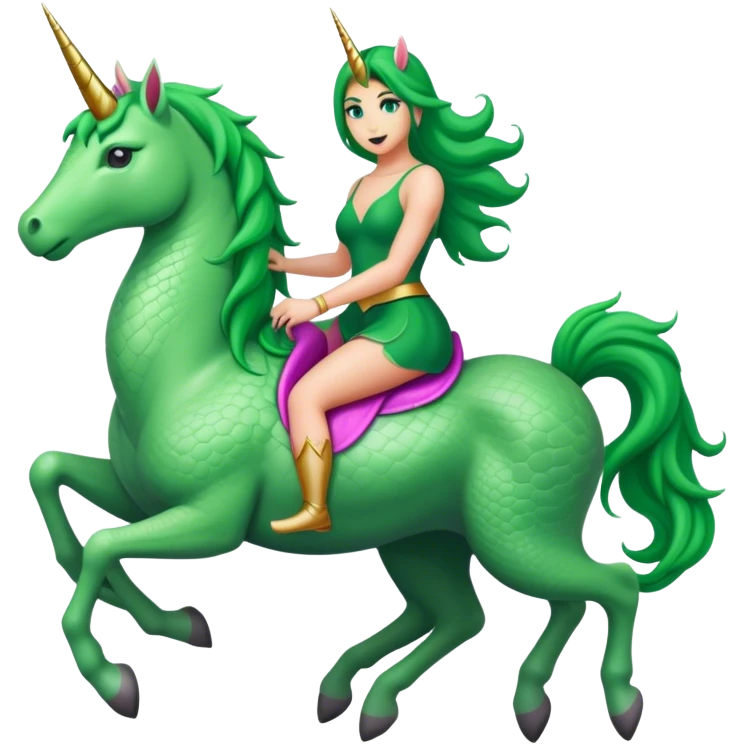 reptilian green woman, rides unicorn
 emoji