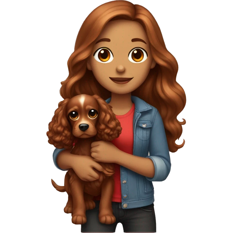 Beautiful stylish girl with brown long hair holding in her arms red puppy Cocker Spaniel emoji