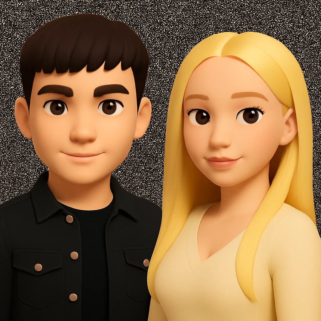 Slightly increase the volume of the upper body of the girl, separate the girl and the boy from each other, and make the skin color the same for both. Maintain the cartoonish 3D style in the edit. emoji