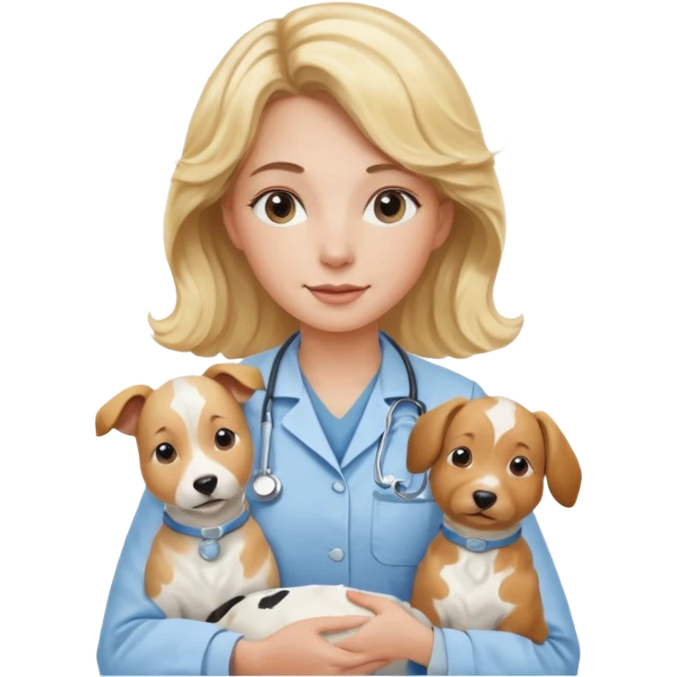 Joven mujer, de cabello bajo los hombros rubio con ondas, veterinaria de perros, vacas y caballos, con traje clínico celeste, sin delantal blanco emoji