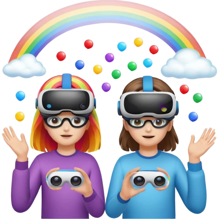 Human girl and boy Show a VR headset or AR glasses, symbolizing the immersive hair experience. Include virtual objects or a 3D scene floating in the air in front of rainbow Make the background transparent. emoji