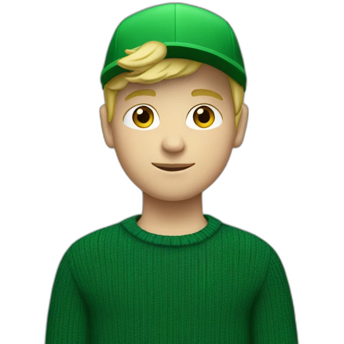 a boy with blond hair, a green sweater, black pants and black shoes and a green cap emoji