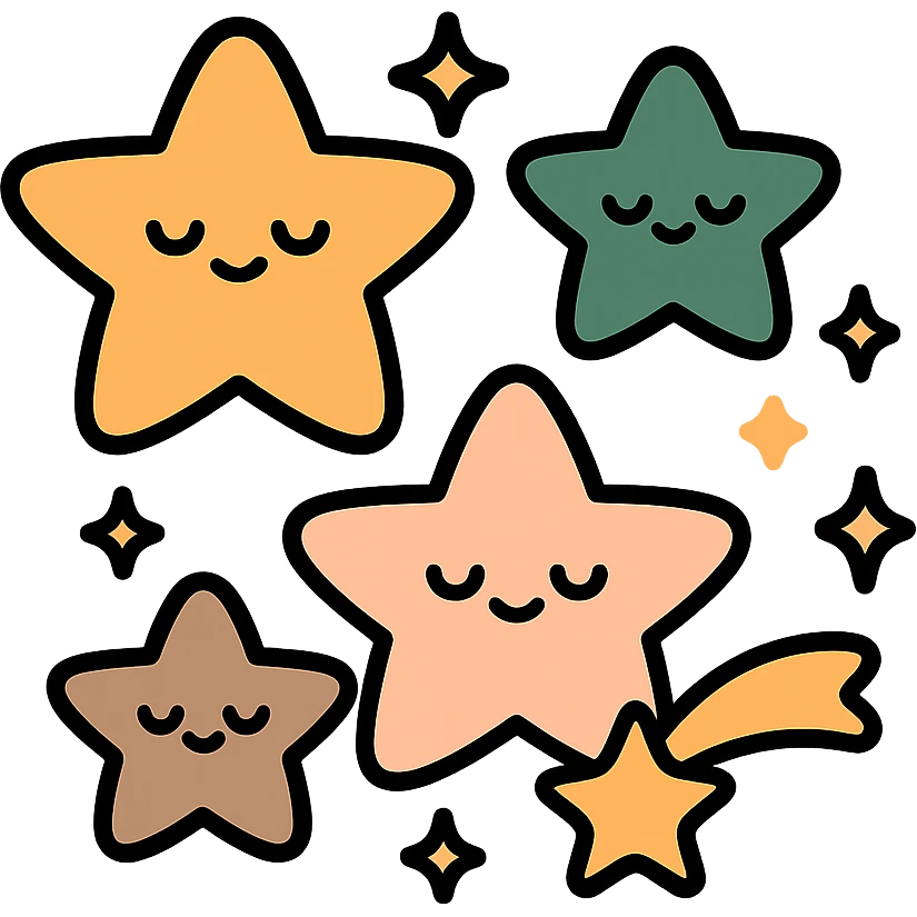 A  collection of cute, glowing stars floating gently in a soft, dreamy sky. The stars vary in size and are designed in a warm and whimsical color palette: golden orange (FA9B41), deep forest green (4A7C5C), muted taupe brown (96775A), and pastel peach (FFCC9A). Each star has a soft, rounded shape with tiny smiles or sparkles on their surfaces, giving them a friendly, magical look. Some are twinkling, while others leave gentle trails of light in peach and gold. The background is softly lit, creating a cozy, enchanted atmosphere like a bedtime story illustration. emoji