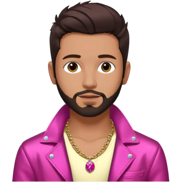 Frankie Zulferino, Pop Singer (b.1990) with dark brown hair and short beard shirtless with necklace, dark pink metallic jacket emoji